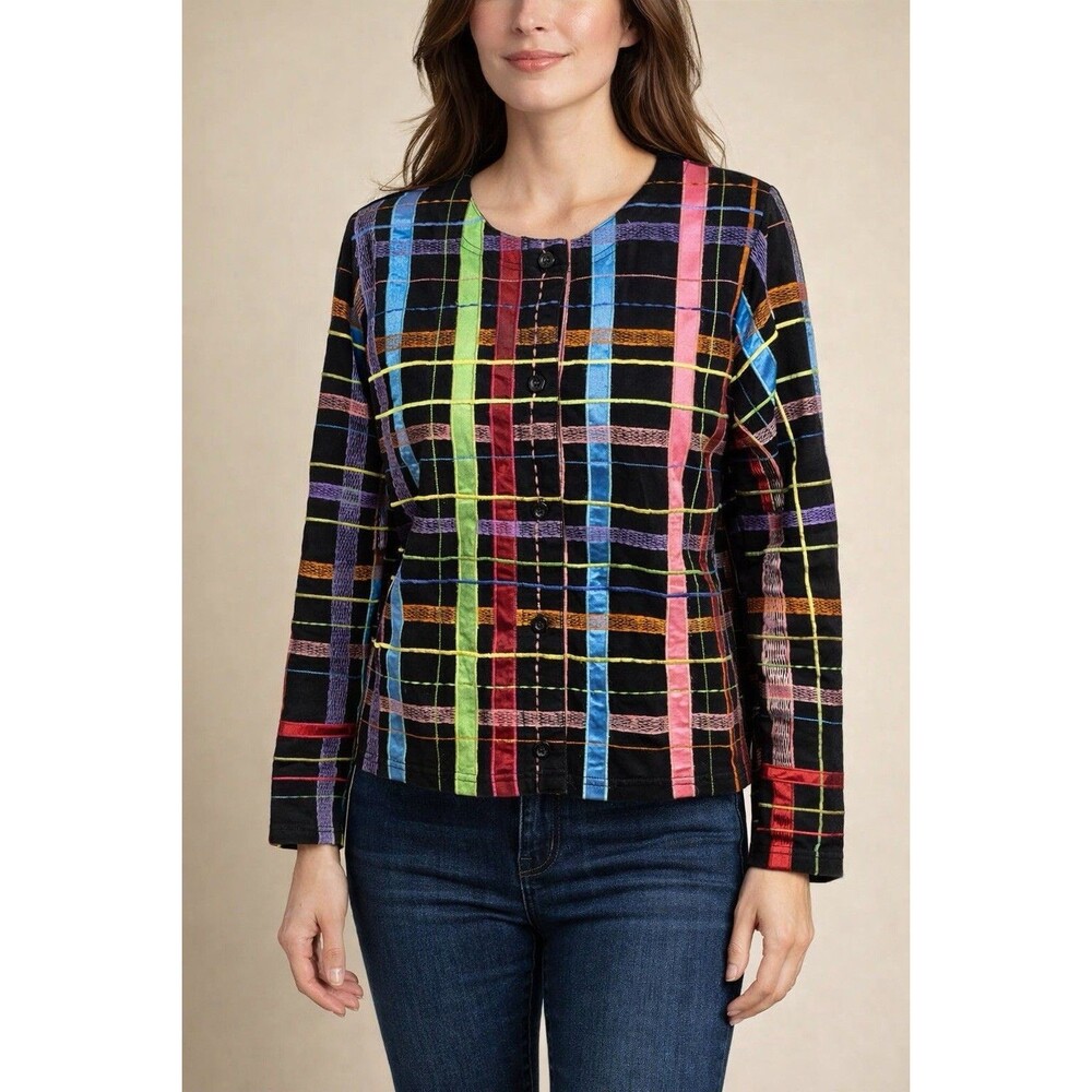 Michael Simon Lite Cotton Jacket M Colorful Plaid Patchwork Embroidered Art Wear